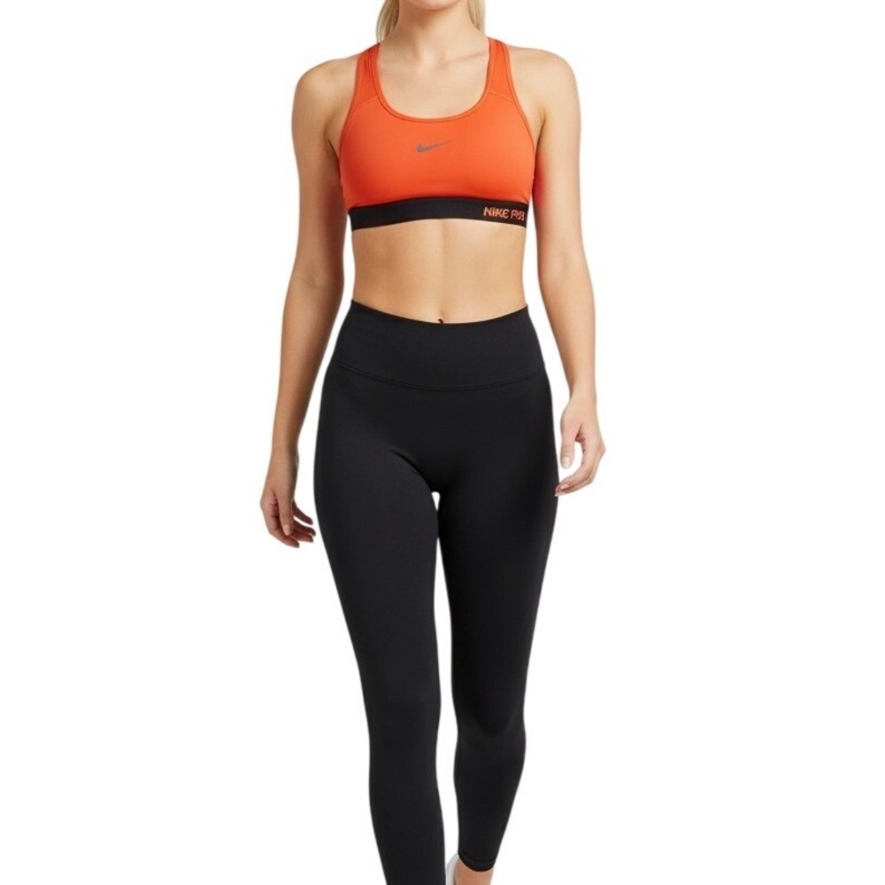 Nike Pro Dri-FIT Womens Racerback Sports Bra Orange Black Swoosh Small